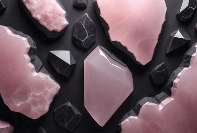 The primary subject of the image is a large pink crystal, which is the main focus of the scene. The setting is a black background, which contrasts with the pink crystal. The visual style is a close-up of the pink crystal, showcasing its unique shape and color. The colors and mood of the image are predominantly pink, creating a warm and inviting atmosphere.
