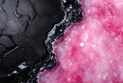 The primary subject of the image is a close-up of a pink rock, possibly a piece of coral or a geode. The rock is surrounded by a black background, which creates a striking contrast between the pink rock and the darker color. The visual style of the image is a close-up, which emphasizes the details of the rock and its texture. The colors and mood of the image are predominantly pink, which gives the scene a warm and vibrant atmosphere.