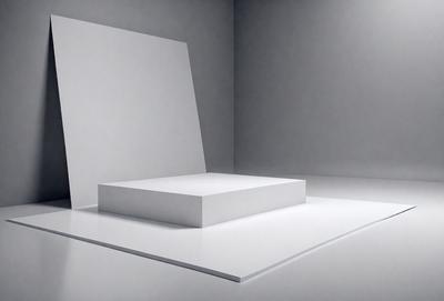 The primary subject of the image is a white block or a white square, which is placed on a white surface. The setting is a white room, and the visual style appears to be a photo or a digital art. The colors and mood of the image are predominantly white, giving it a clean and minimalist appearance.