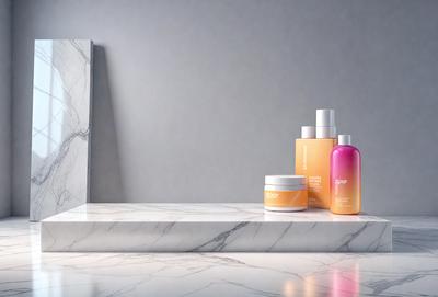 The primary subject of the image is a counter with various bottles of lotion and other beauty products. The setting is a countertop with a marble surface. The visual style is a photo, and the colors and mood are predominantly neutral, with a focus on the beauty products and their presentation.