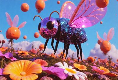 The primary subject of the image is a purple and pink butterfly with glittery wings. The butterfly is standing in a field of flowers, which are predominantly yellow and orange. The setting appears to be a sunny day, and the visual style is a combination of photo and digital art. The colors and mood of the image are vibrant and cheerful, with the butterfly and flowers creating a lively and joyful atmosphere.