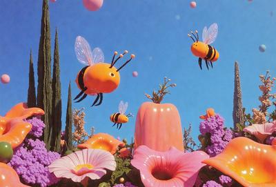 The primary subject of the image is a group of bees flying around a pink and orange flower. The setting is a garden with a variety of flowers, including a large orange and pink flower. The visual style is a combination of photo and digital art, creating a vibrant and lively atmosphere. The colors and mood are predominantly pink and orange, with a touch of yellow, giving the scene a warm and cheerful feel.