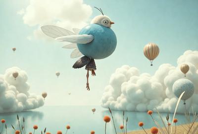 The primary subject of the image is a blue bird with a large belly, flying through the air. The bird is surrounded by a variety of balloons, which are floating in the sky. The setting appears to be a beach, with the ocean visible in the background. The visual style of the image is a combination of digital art and illustration, creating a whimsical and playful atmosphere. The dominant colors in the image are blue, white, and orange, with the blue bird being the focal point of the scene.