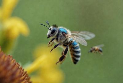 The primary subject of the image is a bee flying in the air. The setting is a garden, with a yellow flower visible in the foreground. The visual style is a photo, capturing the bee in its natural environment. The colors and mood of the image are vibrant and lively, with the bee and the flower creating a sense of life and movement.
