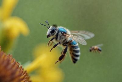 The primary subject of the image is a bee flying in the air. The setting is a garden with yellow flowers, creating a vibrant and lively atmosphere. The visual style is a photo, capturing the bee in its natural environment. The colors and mood are predominantly yellow and lively, as the bee is surrounded by the bright flowers.