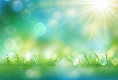 The primary subject of the image is a lush green field with a bright sun shining through it. The field is filled with a variety of colors, including shades of green, blue, and yellow. The setting is outdoors, with the sunlight creating a warm and inviting atmosphere. The visual style of the image is a combination of photo and digital art, creating a vibrant and dynamic scene. The colors and mood of the image are lively and cheerful, evoking a sense of tranquility and natural