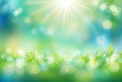 The primary subject of the image is a field of green grass with sunlight shining on it. The setting is a bright, sunny day, and the visual style is a combination of a photo and digital art. The colors are predominantly green, and the overall atmosphere is serene and peaceful.