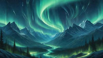The primary subject of the image is a beautiful, colorful, and luminous landscape featuring a river flowing through a valley with mountains in the background. The setting is a serene, natural environment with a sense of tranquility. The visual style is a combination of digital art and illustration, creating a vibrant and captivating scene. The colors and mood are predominantly green and blue, with a touch of purple, reflecting the glowing aurora and the calming atmosphere of the landscape.