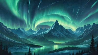 The primary subject of the image is a mountain with a green glow, surrounded by a beautiful landscape. The setting includes a lake and a forest, creating a serene and picturesque scene. The visual style of the image is a digital art or illustration, showcasing the artist's creativity and attention to detail. The colors and mood of the image are predominantly green, which adds to the overall atmosphere of tranquility and natural beauty.