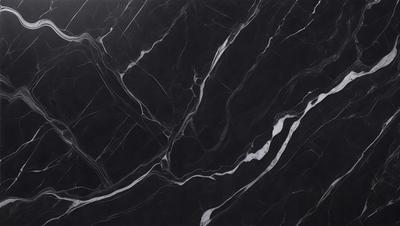 The primary subject of the image is a black marble countertop. The setting is a kitchen, with the countertop being the main focus of the scene. The visual style is a close-up of the marble countertop, showcasing its texture and pattern. The colors and mood of the image are predominantly dark, with the black marble providing a striking contrast against the darker background.