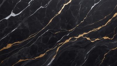 The primary subject of the image is a marble countertop with a gold-colored design. The setting is a kitchen, and the visual style is a close-up of the marble countertop. The colors and mood of the image are predominantly black and gold, giving it a luxurious and elegant appearance.