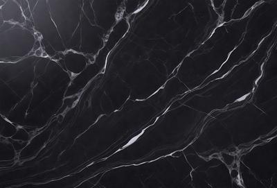 The primary subject of the image is a black marble countertop with a white vein running through it. The setting is a kitchen, and the visual style is a close-up of the marble countertop. The colors and mood of the image are predominantly black and white, giving it a classic and elegant appearance.
