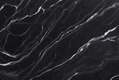 The primary subject of the image is a black marble countertop with a pattern of swirls. The setting is a kitchen, and the visual style is a close-up of the marble countertop. The colors and mood of the image are dark and dramatic, with the black marble providing a striking contrast against the background.