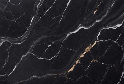 The primary subject of the image is a marble countertop with a black and gold pattern. The setting is a kitchen, and the visual style is a close-up of the countertop. The dominant colors are black and gold, creating a luxurious and elegant atmosphere.