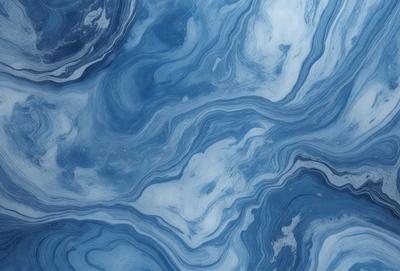 The primary subject of the image is a blue and white marbled surface, which appears to be a wall or a piece of art. The setting is a room with a blue and white marbled wall, and the visual style is a close-up of the marbled surface. The colors and mood of the image are predominantly blue and white, creating a calm and serene atmosphere.