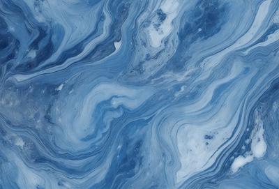 The primary subject of the image is a blue and white swirling pattern, which appears to be a digital art or illustration. The setting is a blue and white marbled surface, which adds to the overall visual style. The colors and mood of the image are predominantly blue and white, creating a calm and serene atmosphere.