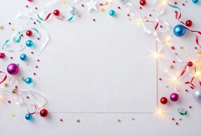 The primary subject of the image is a blank white board with a star-shaped border. The setting is a white background, and the visual style is a combination of digital art and illustration. The colors and mood of the image are festive and joyful, with the use of red, white, and blue stars and gold glittery lights.
