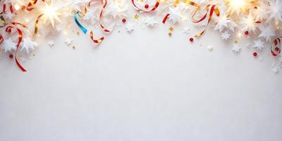 The primary subject of the image is a white wall with a pattern of stars and gold tinsel. The setting is a room with a white background, and the visual style is a combination of digital art and illustration. The dominant colors are white, gold, and red, creating a warm and festive atmosphere.