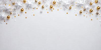 The primary subject of the image is a white wall with a pattern of gold stars and gold balls. The setting is a white wall, and the visual style is a combination of digital art and illustration. The dominant colors are white and gold, creating a warm and inviting atmosphere.