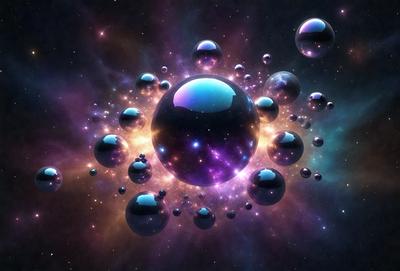 The primary subject of the image is a purple, blue, and black sphere, which is surrounded by numerous smaller blue spheres. The setting is a space environment, with the spheres floating in the background. The visual style appears to be a digital art or illustration, creating a vibrant and colorful atmosphere. The dominant colors are purple, blue, and black, with the smaller blue spheres adding a contrasting touch to the scene.