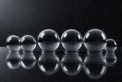 The primary subject of the image is a row of six black and clear glass balls. They are arranged in a straight line, with each ball being slightly larger than the one in front of it. The setting is a black background, which creates a striking contrast with the glass balls. The visual style is a close-up of the glass balls, showcasing their unique shapes and textures. The colors and mood of the image are predominantly black and white, giving it a minimalist and elegant appearance.