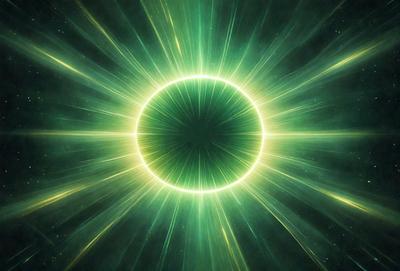The primary subject of the image is a bright, green, and yellow circle, which appears to be a sun or a light source. The setting is a dark background, which contrasts with the bright colors of the circle. The visual style of the image is a combination of photo and digital art, creating a unique and eye-catching effect. The colors and mood of the image are vibrant and energetic, with the green and yellow hues evoking a sense of warmth and energy.