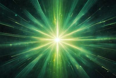 The primary subject of the image is a bright green light, which appears to be a sun or a light source. The setting is a dark background, which contrasts with the bright green light. The visual style of the image is a digital art or illustration, as it is a bright and colorful scene. The colors and mood of the image are vibrant and energetic, with the green light creating a lively atmosphere.