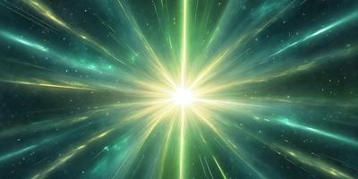 The primary subject of the image is a bright, colorful, and vibrant light source, which appears to be a sun or a bright star. The setting is a space filled with stars, creating a beautiful and lively atmosphere. The visual style of the image is a combination of digital art and illustration, giving it a unique and captivating appearance. The colors and mood of the image are predominantly green and yellow, which are associated with energy, growth, and positivity.