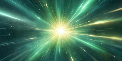 The primary subject of the image is a bright, colorful, and vibrant explosion of light. The setting is a dark background, which contrasts with the bright light. The visual style is a combination of digital art and illustration, creating a dynamic and eye-catching scene. The colors and mood are predominantly green, with a sense of energy and excitement.