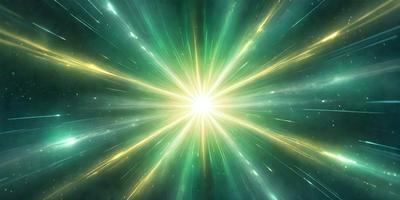 The primary subject of the image is a bright, colorful, and vibrant light source, which appears to be a sun or a light bulb. The light source is surrounded by a green background, giving the scene a lively and energetic atmosphere. The visual style of the image is a combination of photo and digital art, creating a dynamic and engaging composition. The colors and mood of the image are predominantly green, with the light source being the main focus and source of energy in the scene.