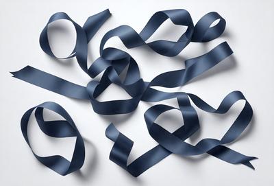 The primary subject of the image is a close-up of a black ribbon. The ribbon is woven and appears to be made of fabric. The setting is a white background, which provides a clean and minimalist appearance. The visual style is a close-up of the ribbon, emphasizing its texture and details. The colors are predominantly black, giving the image a bold and striking appearance.