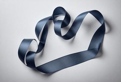 The primary subject of the image is a blue ribbon or bow, which is the main object, scene, or focus of the image. The ribbon is placed on a white surface, which serves as the setting or background. The visual style of the image is a close-up of the blue ribbon, showcasing its texture and details. The dominant colors in the image are blue and white, creating a calm and elegant atmosphere.