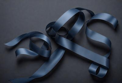 The primary subject of the image is a blue ribbon. The ribbon is wound around a cylinder, and it is placed on a gray surface. The visual style of the image is a close-up of the ribbon, showcasing its texture and color. The dominant colors in the image are blue and gray, creating a calm and sophisticated atmosphere.
