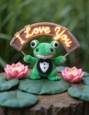 The primary subject of the image is a green frog figurine, which is wearing a bow tie and holding a sign that reads "I love you." The setting is a garden, with a potted plant and a vase visible in the background. The visual style is a combination of digital art and illustration, creating a whimsical and playful atmosphere. The colors are predominantly green, with the frog figurine being the main focus of the image.