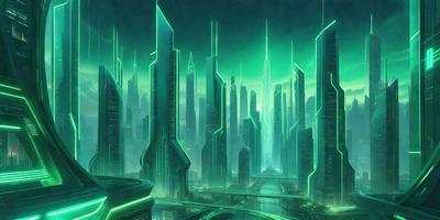 The primary subject of the image is a futuristic cityscape with a large number of skyscrapers. The setting is a green, neon-lit environment, which gives the scene a unique and vibrant atmosphere. The visual style is a digital art or illustration, showcasing the artist's creativity and imagination. The colors and mood of the image are predominantly green, with a hint of blue, creating a sense of wonder and excitement.