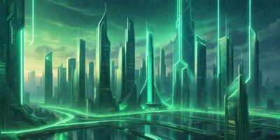 The primary subject of the image is a futuristic cityscape with a series of skyscrapers and green neon lights. The setting is a large body of water, which serves as a backdrop for the city. The visual style is a combination of digital art and illustration, creating a vibrant and dynamic scene. The colors and mood are predominantly green, with the neon lights adding a sense of energy and excitement to the overall atmosphere.