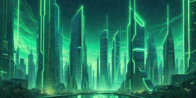 The primary subject of the image is a futuristic cityscape with a large number of skyscrapers. The setting is a city with a river running through it. The visual style is digital art, and the colors and mood are predominantly green, giving the scene a futuristic and serene atmosphere.