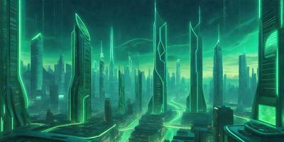 The primary subject of the image is a futuristic cityscape with a series of tall, green buildings. The setting is a nighttime cityscape, with the buildings illuminated by neon lights. The visual style is a digital art or illustration, creating a vibrant and captivating atmosphere. The dominant colors are green and blue, with the green buildings and blue lights creating a sense of wonder and excitement.