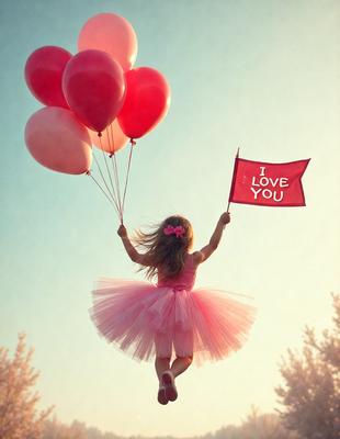 The primary subject of the image is a young girl dressed in a pink dress, flying through the air while holding a red flag. She is surrounded by a beautiful, pink-colored environment. The visual style of the image is a photo, capturing the girl's joyful moment. The colors and mood of the image are predominantly pink, creating a warm and cheerful atmosphere.
