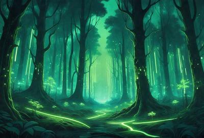 The primary subject of the image is a forest with a pathway leading through it. The setting is a lush green forest with trees and a path that appears to be illuminated by a green glow. The visual style is a digital art or illustration, creating a surreal and enchanting atmosphere. The colors and mood are predominantly green, with a hint of blue, giving the scene a serene and magical quality.