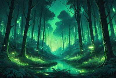 The primary subject of the image is a forest with a stream running through it. The setting is a lush green environment with trees and a waterway. The visual style is a digital art or illustration, creating a serene and peaceful atmosphere. The dominant colors are green, with the trees and the stream, and blue, with the water.