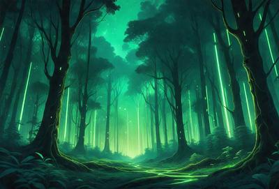 The primary subject of the image is a forest with a path leading through it. The setting is a lush green forest with trees and a path that appears to be illuminated by a green glow. The visual style is a digital art or illustration, creating a serene and magical atmosphere. The colors and mood are predominantly green, with a hint of blue, giving the scene a peaceful and enchanting vibe.