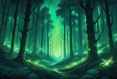 The primary subject of the image is a forest with a path leading through it. The setting is a lush green forest with trees and plants surrounding the path. The visual style is a digital art or illustration, creating a vibrant and colorful atmosphere. The colors and mood are predominantly green, with a sense of tranquility and natural beauty.