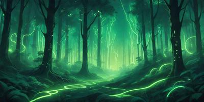 The primary subject of the image is a forest with a pathway leading through it. The setting is a lush green forest with trees and a pathway that appears to be illuminated by a green glow. The visual style is a digital art or illustration, creating a surreal and enchanting atmosphere. The colors and mood are predominantly green, with a hint of blue, giving the scene a serene and mystical feel.