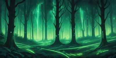 The primary subject of the image is a forest with a green glow, featuring a group of trees with a luminous effect. The setting is a dark, foggy forest with a greenish hue. The visual style is a combination of digital art and illustration, creating a surreal and mysterious atmosphere. The colors and mood are predominantly green, with a hint of blue, giving the scene a serene and enchanting quality.