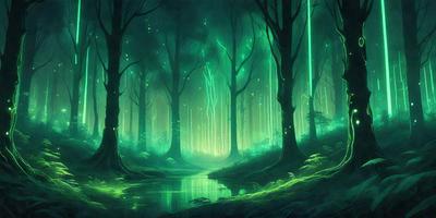 The primary subject of the image is a forest with a river flowing through it. The setting is a lush green environment with trees and a waterway. The visual style is a digital art or illustration, creating a serene and magical atmosphere. The dominant colors are green, blue, and white, with the green trees and blue river creating a sense of tranquility.