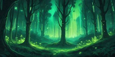 The primary subject of the image is a forest with a path leading through it. The setting is a lush green forest with trees and a path that is illuminated by a green glow. The visual style is a digital art or illustration, creating a surreal and enchanting atmosphere. The colors and mood are predominantly green, with a hint of blue, giving the scene a serene and magical quality.