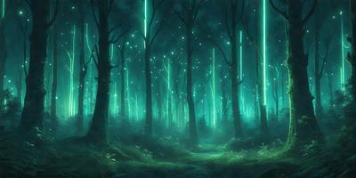 The primary subject of the image is a forest with a pathway through it. The setting is a dark, lush forest with a green atmosphere. The visual style is a digital art or illustration, creating a surreal and mysterious environment. The colors and mood are predominantly green, with a hint of blue, giving the scene a serene and enchanting feel.