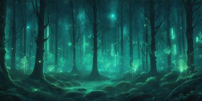 The primary subject of the image is a forest with a green, glowing atmosphere. The setting is a dark, lush forest with trees and a pathway. The visual style is a digital art or illustration, creating a surreal and enchanting scene. The colors and mood are predominantly green, with a hint of blue, giving the forest a magical and serene ambiance.