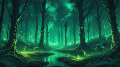 The primary subject of the image is a forest with a river flowing through it. The setting is a lush green environment with trees and water. The visual style is a digital art or illustration, creating a serene and peaceful atmosphere. The dominant colors are green and blue, with the green trees and blue water creating a harmonious and calming scene.